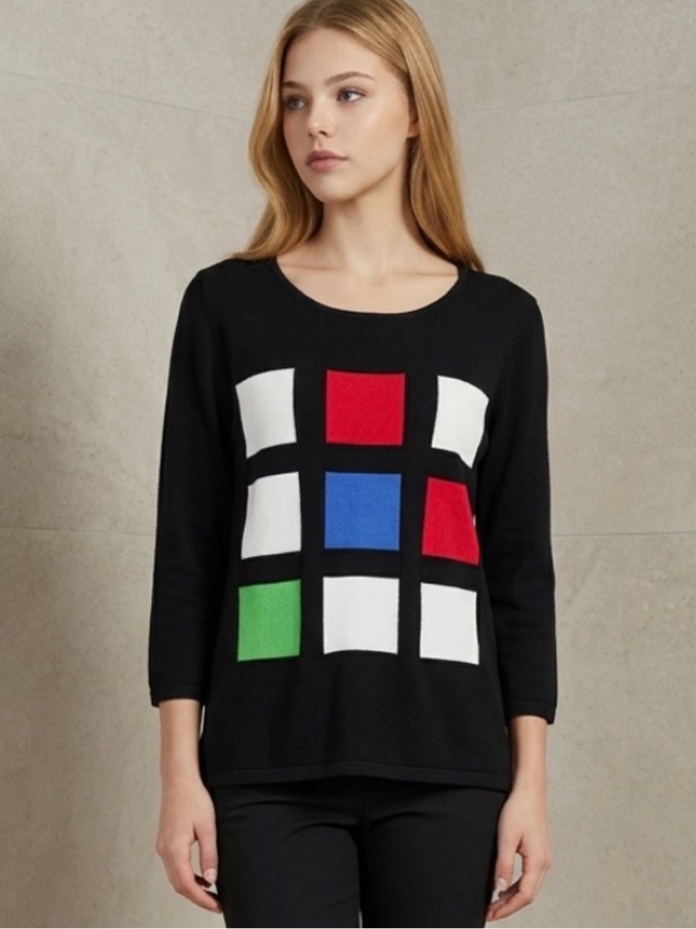CARLISLE Geo Knit Sweater Scoop Neck Square Pattern Black White Pink Green Blue